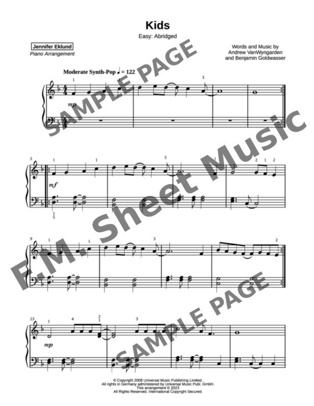 Kids (Easy Piano) By MGMT F M Sheet Music Pop Arrangements by